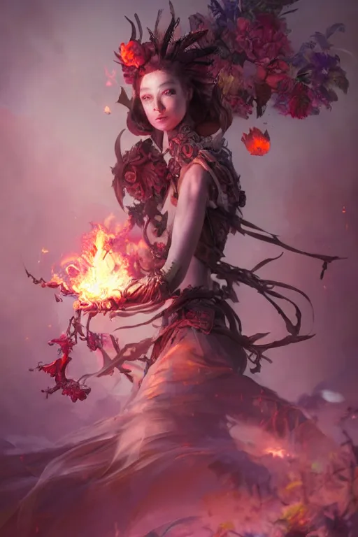 Image similar to beautiful girl necromancer, mage, witch - doctor exploding into flowers, angels, demons, 3 d render, hyper - realistic detailed portrait, holding fire and electricity, ruan jia, wlop. scifi, fantasy, magic the gathering, hyper detailed, octane render, concept art, peter mohrbacher