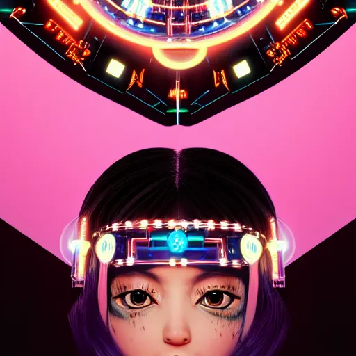 Image similar to a kawaii puerto rican goddess staring through the mothership of your souls, wearing a headpiece made of circuit boards and empathy machines, by alastair reynolds, ilya kuvshinov and stanley kubrick, pink, trending on artstation, cinematic, 3 d render, photorealistic