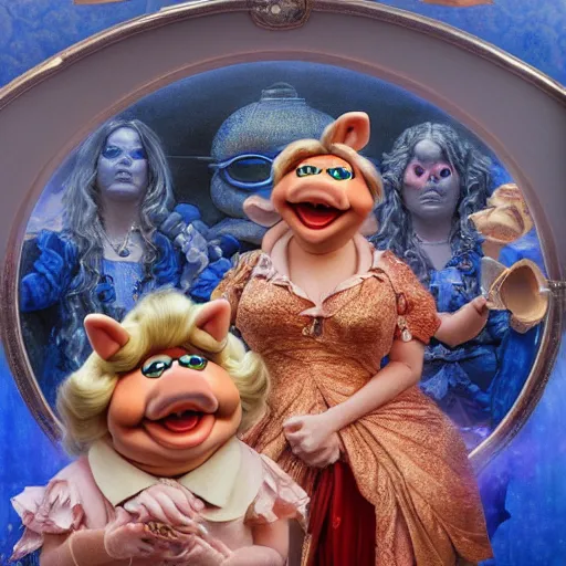 Image similar to Epic Masterpiece wide angle shot of MIss Piggy as Morpheus offering red pill and blue pill, mirror shades, drawn by Donato Giancola and Tom Bagshaw, Edmund Leighton, Alphonse Mucha, 4k, volumetric lighting, komorebi, trending on artstation, octane render, hyperrealistic