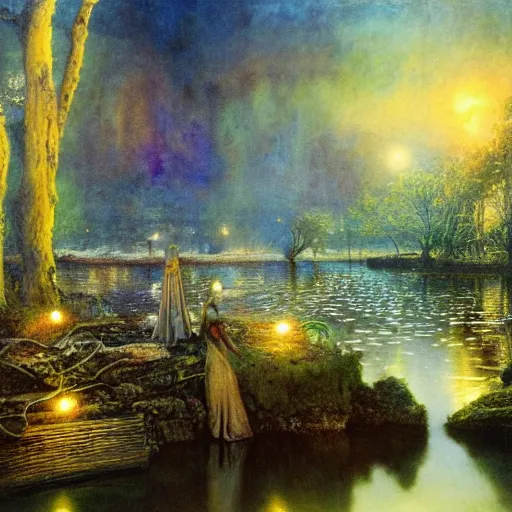 Image similar to A Mystic River, The River Is Full of Lights, Mysticism, Artwork, Watercolor, Cinematic, Exposure, Slit-Scan Photography, 4k, Ultra-HD, Incandescent, Ray Tracing Reflections, insanely detailed and intricate, elegant, ornate, hyper realistic, super detailed by Dorothea Tanning, by Bruce Pennington