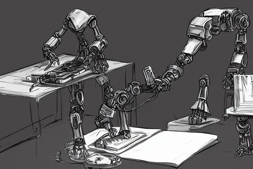 Image similar to robot coming out from the book on a table, sci-fi style, concept art