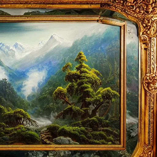 Image similar to a beautiful and highly detailed oil painting of an nepali temple in the snowy mountains, detailed trees and cliffs, forgotten valley, swirling mist, lush forests, intricate details, epic scale, insanely complex, 8 k, sharp focus, hyper realism, fantasy landscape, psychedelic, by caspar friedrich,