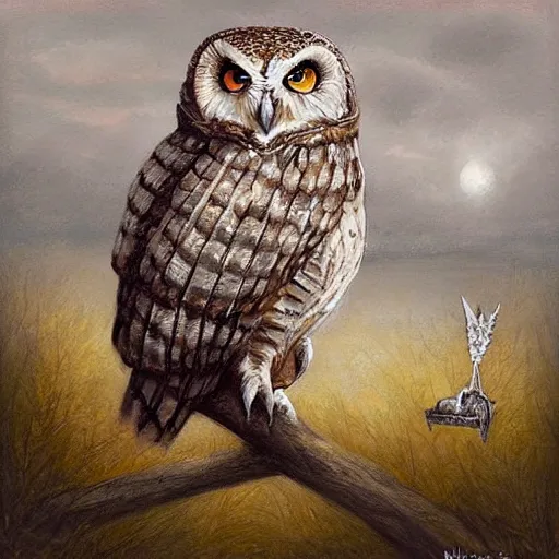 Prompt: a brave owl knight with a pike, fantasy concept art by nicoletta ceccoli, mark ryden, lostfish, max fleischer