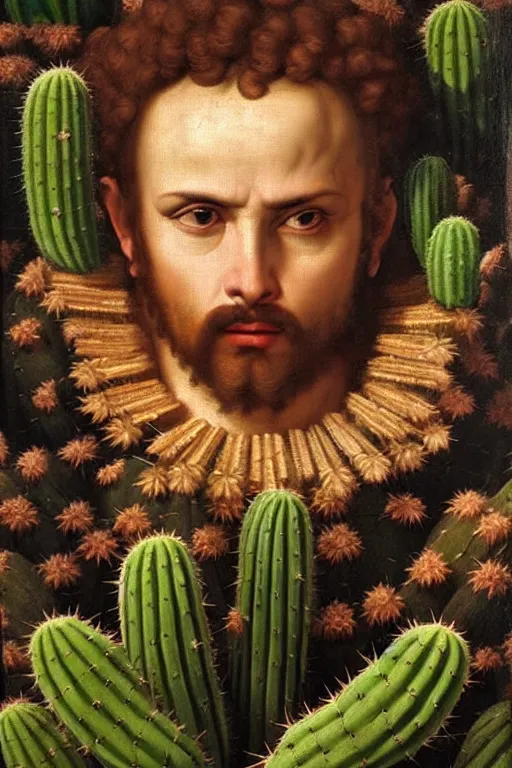 Prompt: renaissance painting of evil men, portrait, face closeup, emotions closeup, dressed in spartan armour, the beautiful garden with cactus everywhere, ultra detailed, art by guido reni style, vincenzo catena style