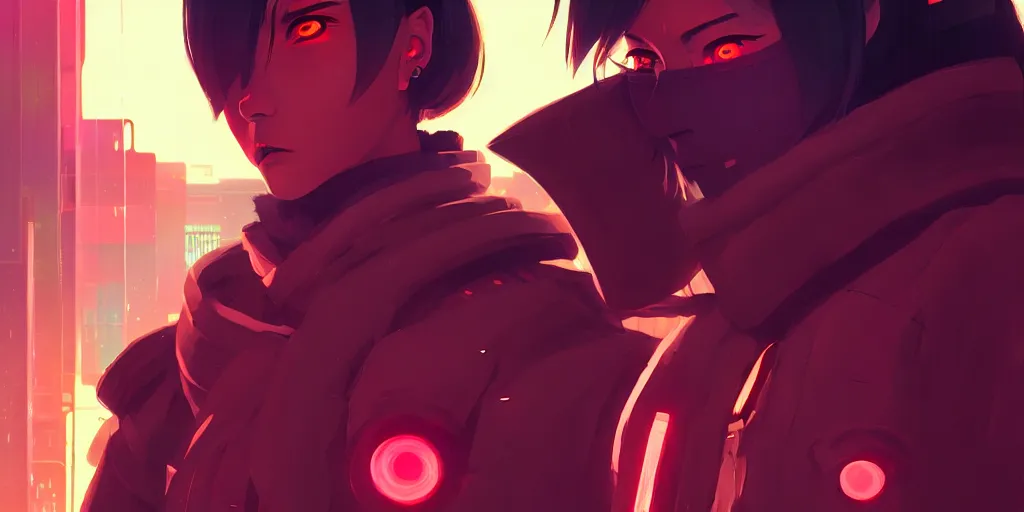 Image similar to digital illustration closeup portrait of cyberpunk samurai in city street at night by makoto shinkai, ilya kuvshinov, lois van baarle, rossdraws, basquiat | afrofuturism, in the style of hearthstone, trending on artstation | cool color scheme