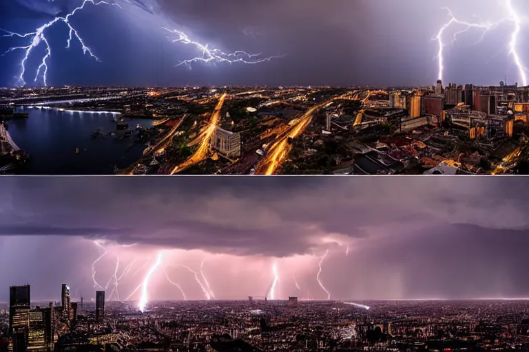 Image similar to a photo of a supercell thunderstorm in a city, cityscape, illuminated from various angles by the setting sun, cinematic, dynamic lightning, lightning bolts, mystic hue clouds