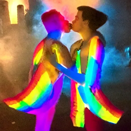 Prompt: gay elementals with glowing kiss