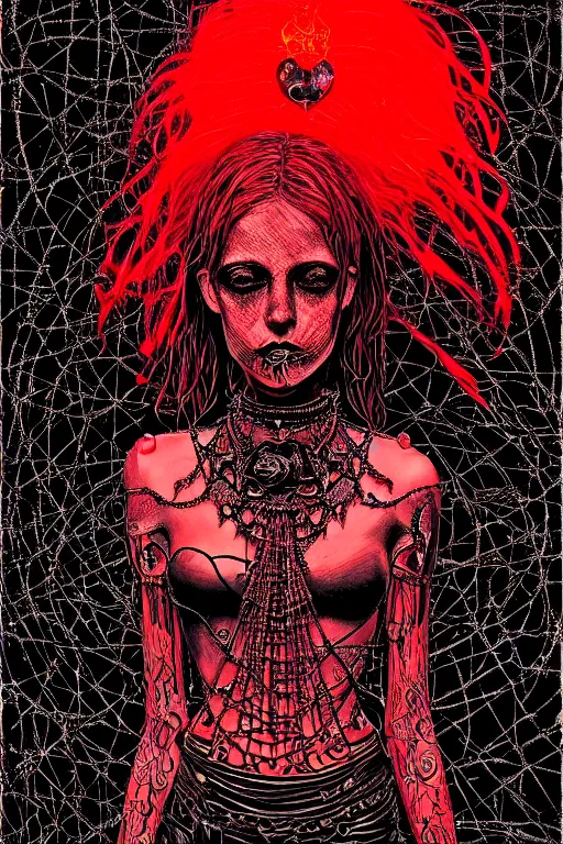 Prompt: dreamy gothic girl, black leather slim skirt, chains, red spirit, beautiful body shape, detailed acrylic, grunge, intricate complexity, by dan mumford and by alberto giacometti, peter lindbergh