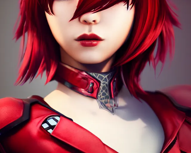 Prompt: a girl with short red hair, cool, vi from arcane, league of legends, fighter, cool red jacket, tattoo, beautiful, 3 d, potrait, art staion, studio light, closeup shot, octane render, wlop