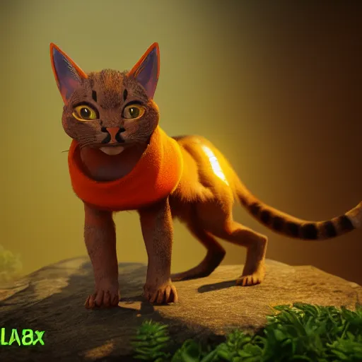 Image similar to tabaxi! with dark orange fur and (bright orange highlights) with glowing deep green eyes, character design, octane render, 4k