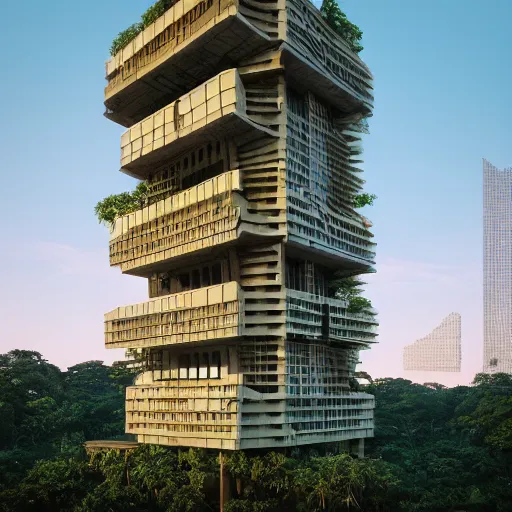 Image similar to A brutalist tower in the middle of a tropical jungle, blue hour, by Jan Morek and Shiromio Srudio, octane render, ArchViz, 4k, detailed
