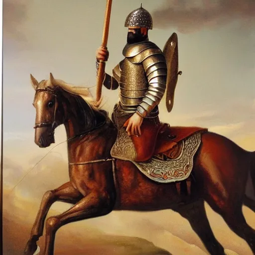 Image similar to a beautiful oil painting of a middle eastern knight in shining armor riding a horse