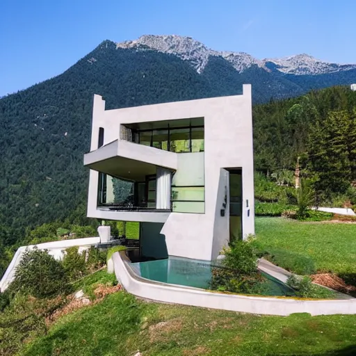 Image similar to modern mansion in forest and beautiful mountains in the background