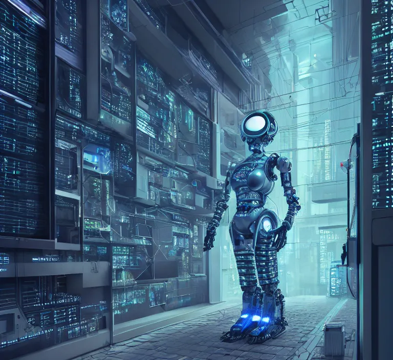 Image similar to hyperrealism stock photography of highly detailed stylish robot in cyberpunk sci - fi style by gragory crewdson and katsuhiro otomo, mike winkelmann with many details by josan gonzalez working at the highly detailed data center by mike winkelmann and laurie greasley hyperrealism stock photo on dsmc 3 system rendered in blender and octane render