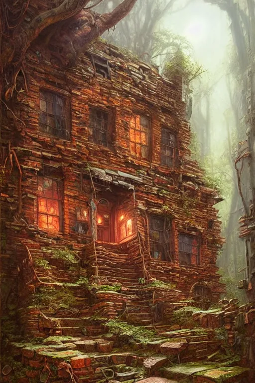 Image similar to (((((a ramshackle manhattan brick brownstone deep in the forest))))) by Justin Gerard!!!!!!!!!!!!!!!!!!!!!!!!!!!