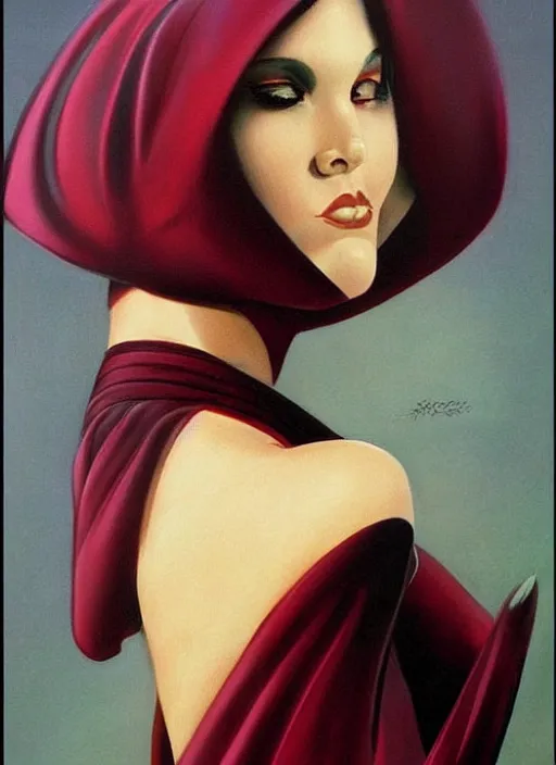 Image similar to portrait of plump norse goddess of the moon, maroon and black robe and veil, strong line, deep color, beautiful! coherent! by boris vallejo