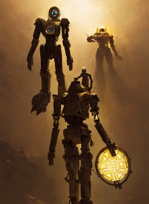 Image similar to human-sized strong intricate yellow pit droid carrying beautiful paladin greatsword and beautiful large paladin shield, pancake short large head, exposed metal bones, painterly humanoid mecha, by Greg Rutkowski