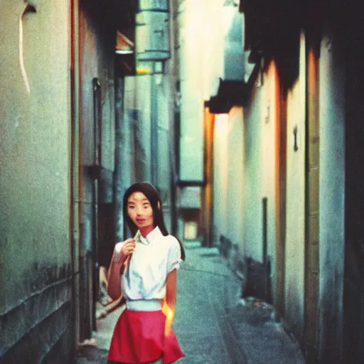 Prompt: 1990s perfect 8K HD professional cinematic photo of close-up japanese schoolgirl posing in sci-fi dystopian alleyway at evening, at instagram, Behance, Adobe Lightroom, with instagram filters, depth of field, taken with polaroid kodak portra