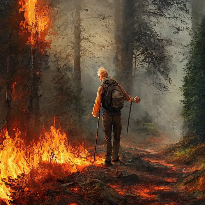 Prompt: happy blonde english man hiking a beautiful path through a forest ablaze on fire, fluent composition, concept art, ambient light, 4 k, intricate details, highly professionally detailed, cgsociety, highly detailed