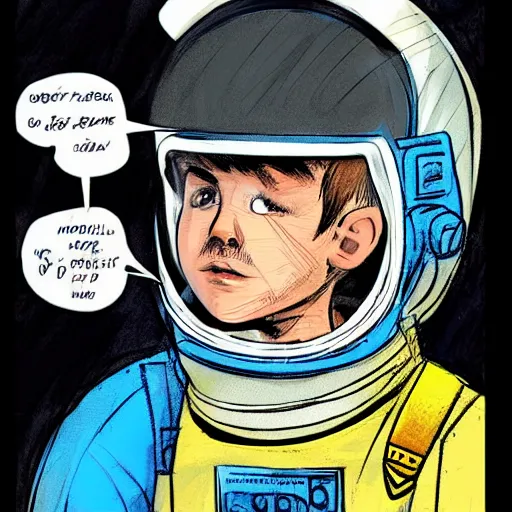 Image similar to Sergio Bleda and Jérémy Petiqueux and Alex Maleev color sketch of a boy super scientist in a retro home made astronaut suit