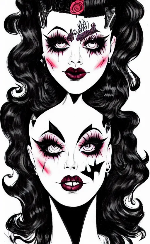 Prompt: of a goth girl burlesque psychobilly, rockabilly, punk, black hair, detailed face, white background, drawing, zoomed out, full body, illustration