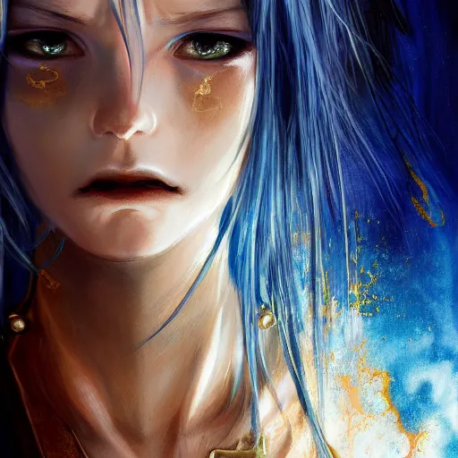 Image similar to face shot of rimuru tempest, sky blue straight hair, long bangs, with amber eyes, gold eyes, wearing a black jacket, high collar, ultra detailed, brush strokes, digital painting, cinematic, wlop artstation, closeup, pixiv, eerie, scary, intimidating glare, evil, yoshitaka amano, junji ito,