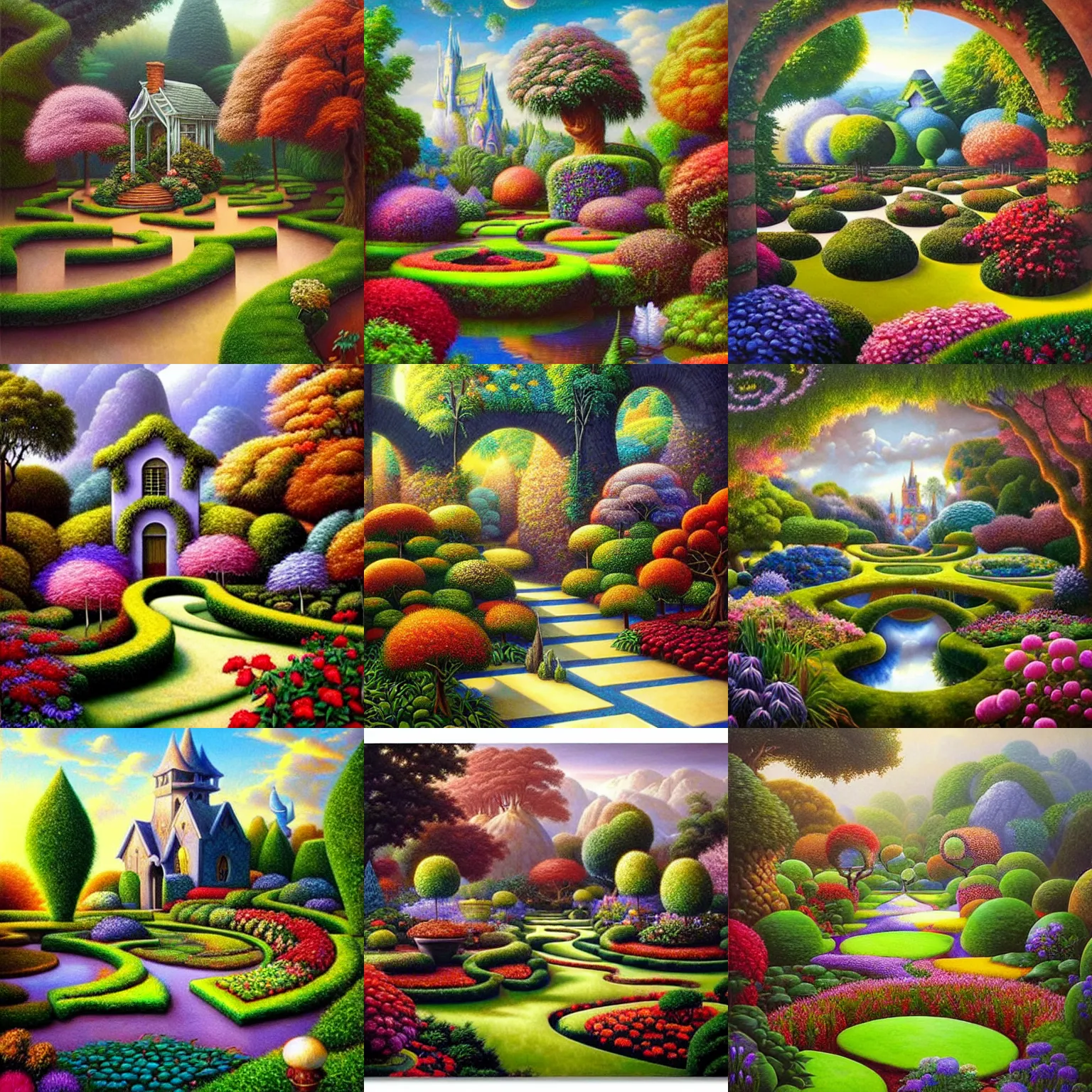 Prompt: a gorgeous, fantastic, magic garden landscape by michael kidd, escher, thomas kincade, trending on artstation, artgerm, acrylic on canvas,!! muted colors!!,!! low contrast!!