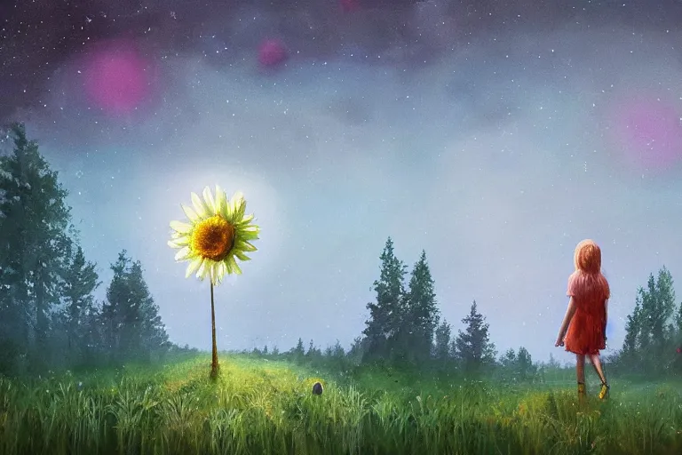 Image similar to giant daisy flower above head, girl walking in forest, surreal photography, dark night, stars, moon light, impressionist painting, clouds, digital painting, artstation, simon stalenhag