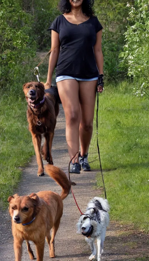 Prompt: a beautiful brown woman walking her dog