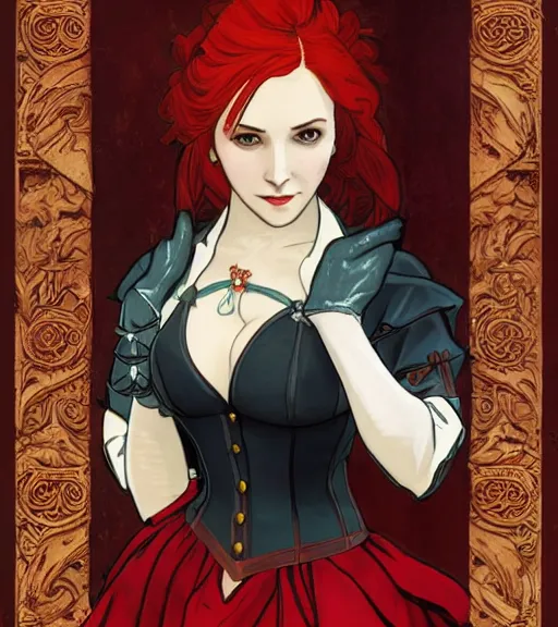Prompt: Portrait of Triss from the Witcher 3 wearing red gothic lolita dress, perfectly drawn hands, beautiful, 4k, smooth, sharp focus, art by Alphonse Mucha and Shirow Masamune
