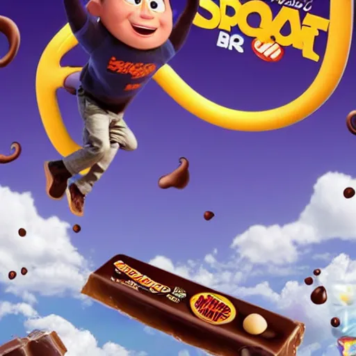 Image similar to a movie poster of a small boy flying taking off 1 0 feet from the ground by using a jetpack that spits a liquid chocolate syrup blend with milk burst with twirls of flow and fluid, and a giant white cereal bowl in the ground getting splashed by the chocolate burst, pixar 3 d animation style