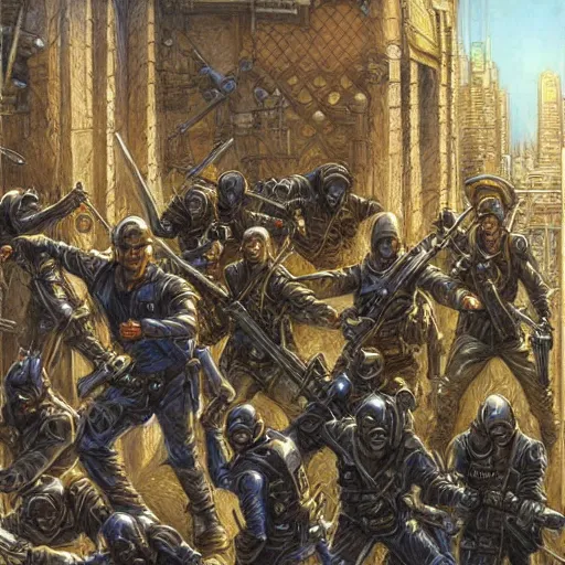 Image similar to urban templar street gang, by donato giancola.