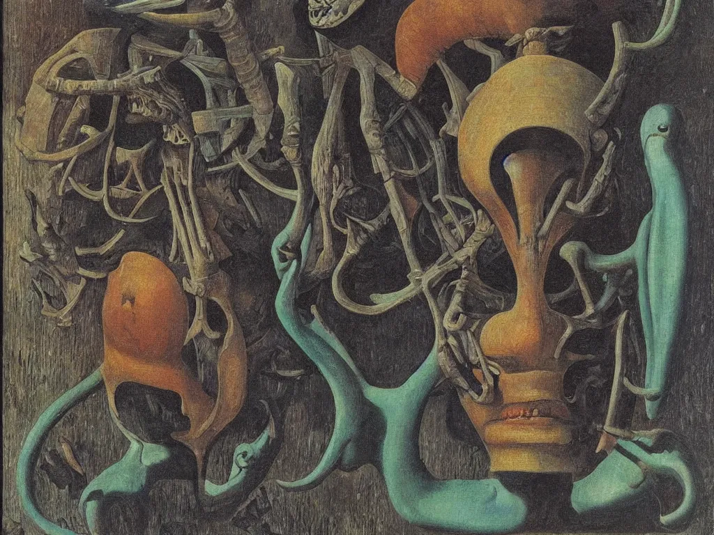 Prompt: portrait of a Mystic snail African mask with blue eyes in the city made of bones. Young comet. Georges de la Tour, Rene Magritte, Jean Delville, Max Ernst, Walton Ford