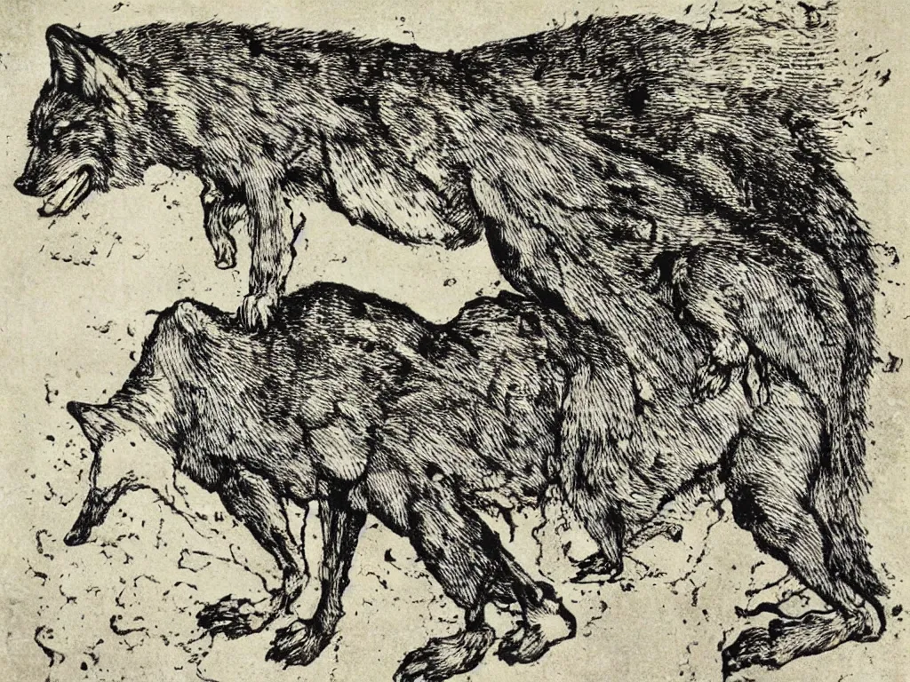 Image similar to wolf in heavy rainstorm. woodcut by albrecht durer, salvador dali