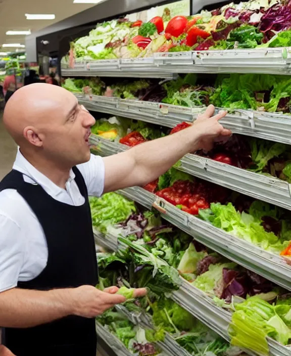 Image similar to a bald man gestures to a display of'suddenly salad'boxes at the end cap inside a supermarket