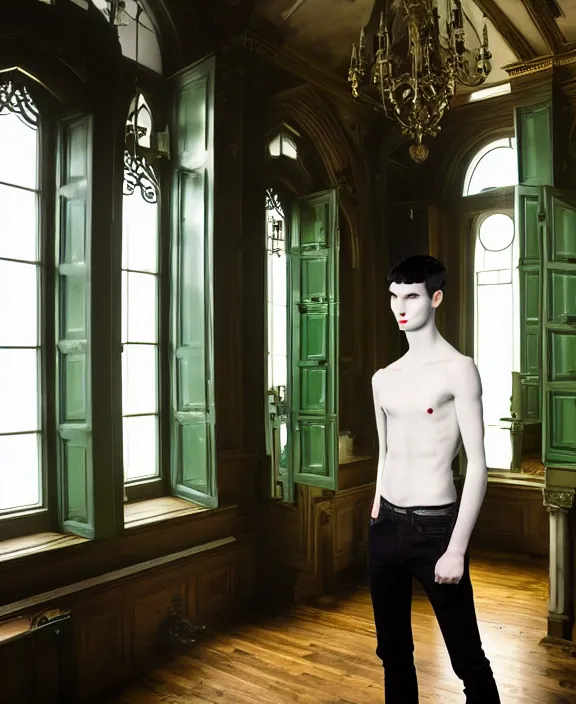 Image similar to androgynous male with black short hair and pale skin is standing in front of a mirror surrounded by victorian interior in a room with tall windows and moos green flooring. by leonardo da vinci, volumetric lighting, petspective room layout