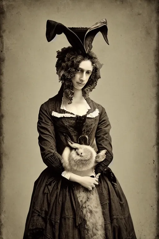 Image similar to wet plate photograph portrait of a victorian woman with a rabbit head for her head, dressed in a victorian - era clothing, dramatic lighting, highly detailed, digital painting, artstation, concept art, smooth, sharp focus, illustration, art by wlop, mars ravelo and greg rutkowski