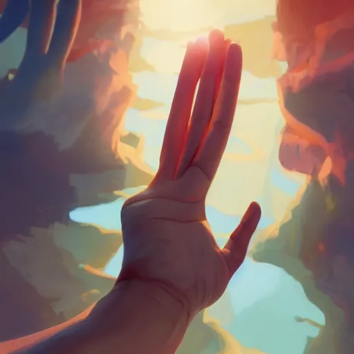 Image similar to a hand reaching out to another hand, behance hd by jesper ejsing, by rhads, makoto shinkai and lois van baarle, ilya kuvshinov, rossdraws global illumination ray tracing hdr radiating a glowing aura