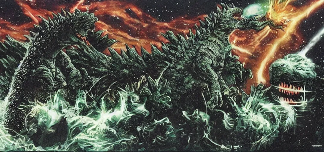 Prompt: 2pac fighting godzilla in space