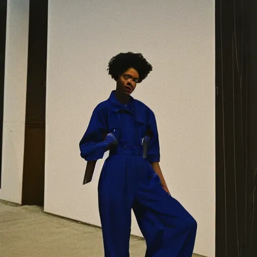 Image similar to realistic photoshooting for a new balenciaga lookbook, color film photography, portrait of a beautiful woman, woman is wearing a jumpsuit, in style of Tyler Mitchell, 35mm,