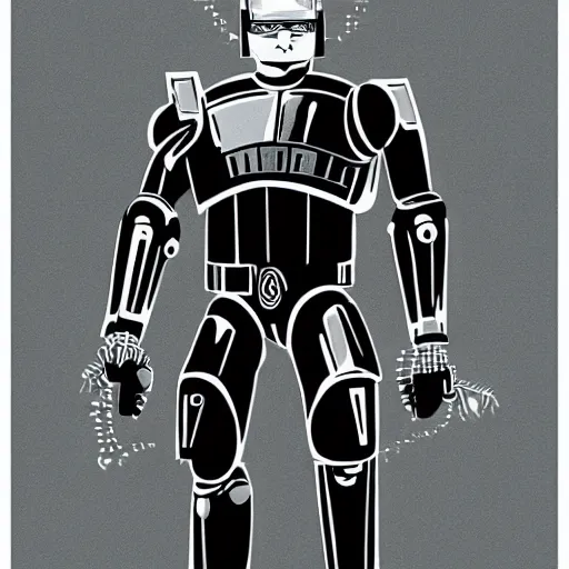 Prompt: RoboCop silkscreen poster by Andy Warho. Duotone silver and black on white paper. Paper texture