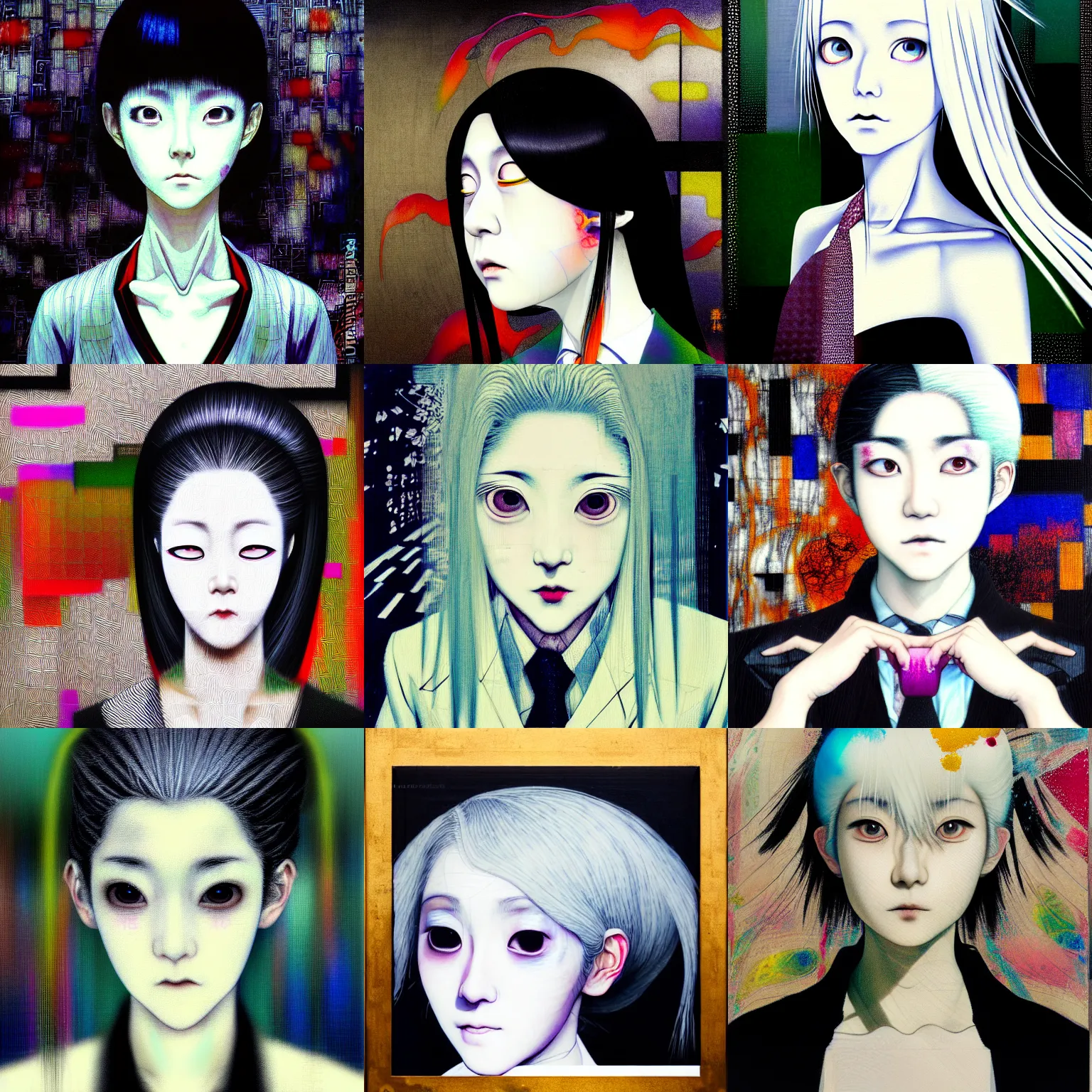 Image similar to yoshitaka amano blurred and dreamy realistic three quarter angle portrait of a young woman with white hair and black eyes wearing dress suit with tie, junji ito abstract patterns in the background, satoshi kon anime, chungking express color palette, noisy film grain effect, highly detailed, renaissance oil painting, weird portrait angle, blurred lost edges