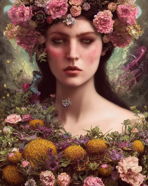 Image similar to portrait of the queen of the underworld, surrounded by flowers by karol bak, james jean, tom bagshaw, rococo, trending on artstation, cinematic lighting, hyper realism, octane render, 8 k, hyper detailed.