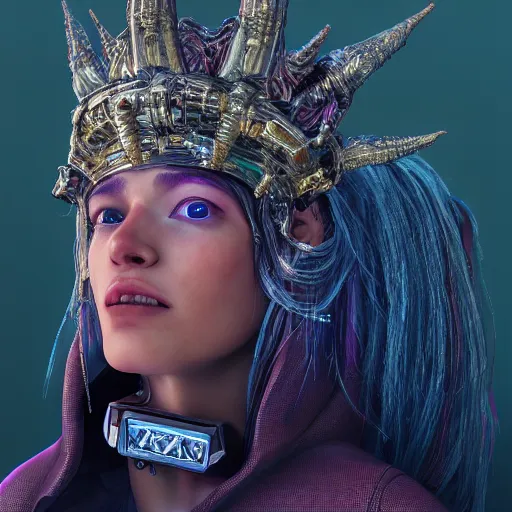 Prompt: a portrait of a chill cyberpunk princess wearing a crown, hyperdetailed, digital painting, trending on Artstation, CG society, hyperdetailed, digital painting, hypermaximalist, golden ratio, volumetric, octane render, weta digital, micro details, 3d sculpture