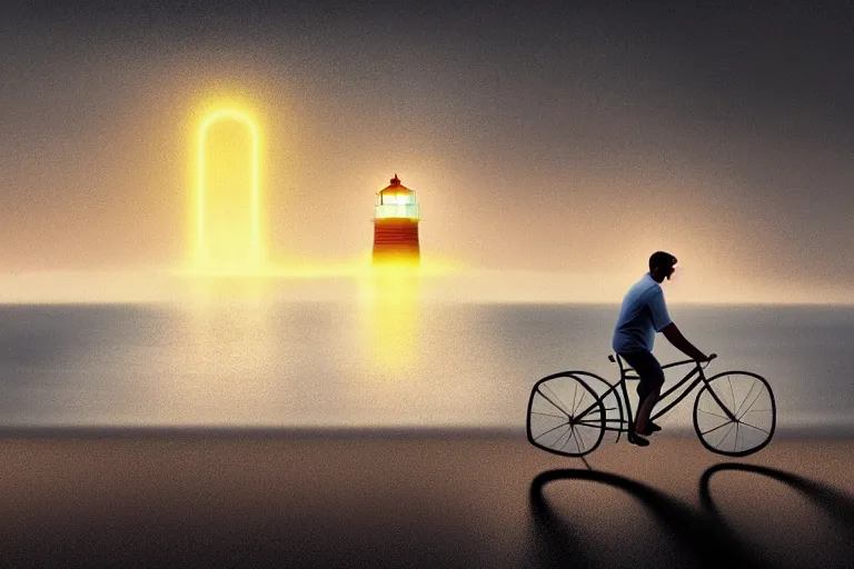 Image similar to photo of man riding a bicycle along the beach that is lit by glowing organisms underwater toward a lighthouse in the distance, wide horizon, large white clouds, intricate, elegant, highly detailed, digital painting, artstation, concept art, smooth, sharp focus, illustration, art by artgerm and greg rutkowski and fra angelico