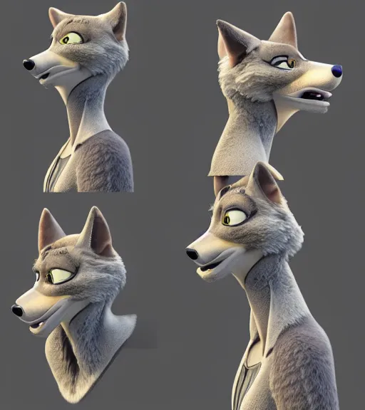 Image similar to bust of anthromorphic female wolf, in style of zootopia, zootopia, zootopia, fursona, furry, furaffinity, 4 k, deviantart, furry art, fursona art, wearing black business suit, business suit, in style of zootopia, wolf fursona, cyberpunk, female, expressive detailed feminine face,