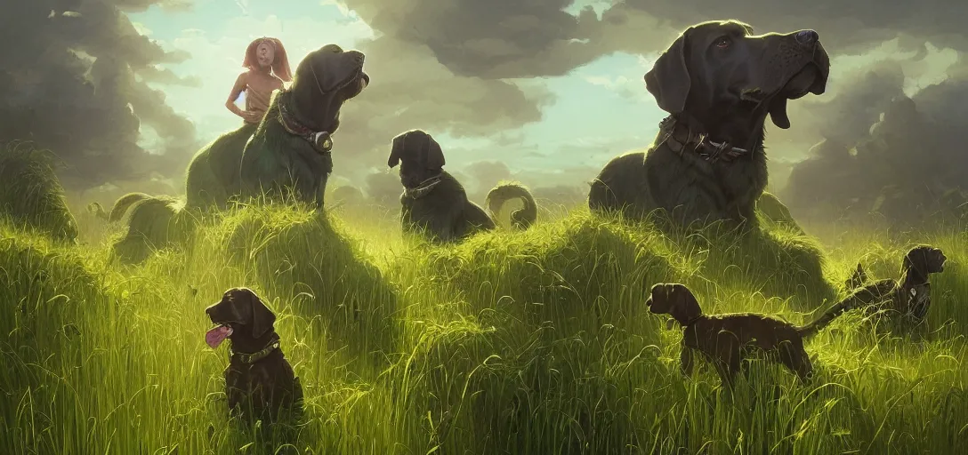 Prompt: tribal aliens riding massive green labrador retrievers with shaggy green fur through a lush sea of grass, fantasy art by greg rutkowski, loish, rhads, ferdinand knab, makoto shinkai and lois van baarle, ilya kuvshinov, rossdraws, tom bagshaw, global illumination, radiant light, detailed and intricate environment