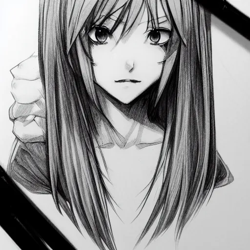 Prompt: anime girl portrait profile, black and white sketch, cellshaded, drawn in fine-tip pen, made by WLOP, trending on artstation