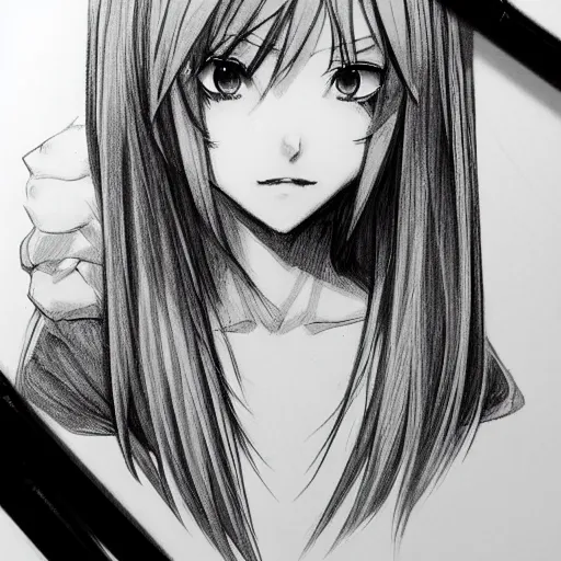 anime girl portrait profile, black and white sketch