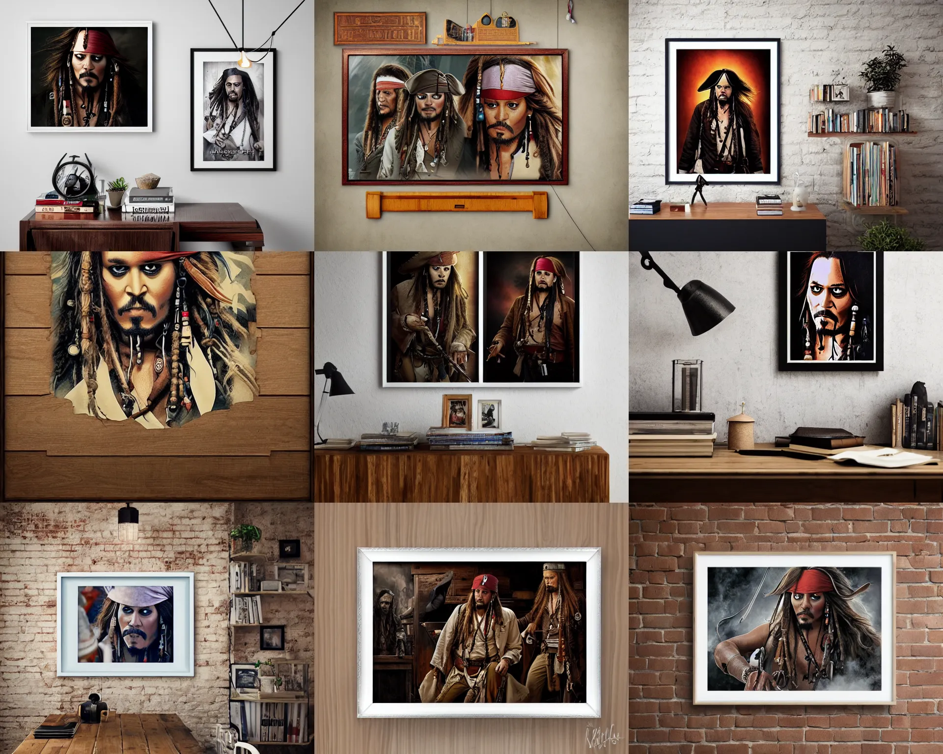 Prompt: a detailed poster in white frame hanging on the wooden wall, portrait of captain jack sparrow, in the style of david kassan, richard estes, pedro campos, neil blevins, charlie bowater, tuomas korpi, keith thompson
